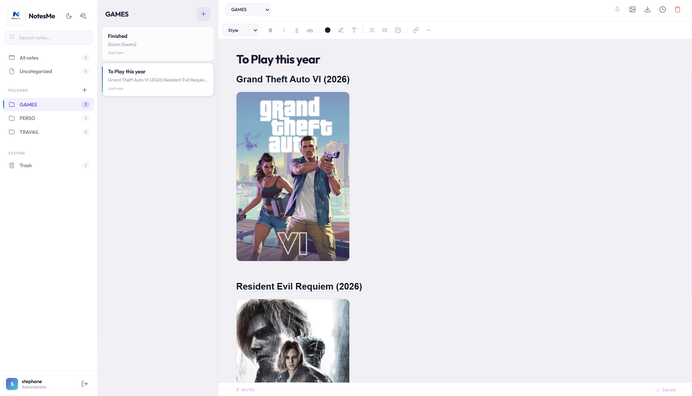 NotesMe application interface showing folder navigation, note list with previews, and rich text WYSIWYG editor with images and formatting